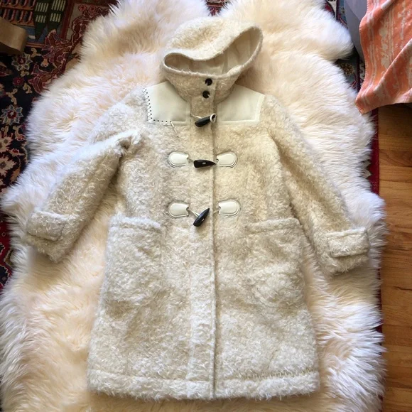 Coach ivory Mohair Faux Fur leather patch duffle coat Zippered M - Picture 2 of 16